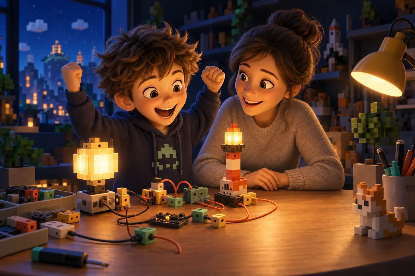 Illustration: a boy raises his arms in delight as his circuit lights a lamp and beacon; his mother celebrates beside him.