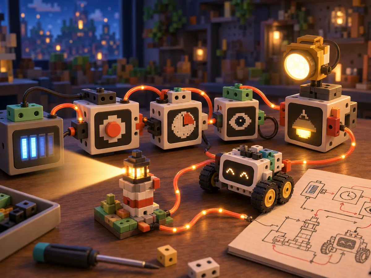 Illustration of a mechanism: a battery, button, pulse generator, sensor and lamp are connected by wires to light a beacon.