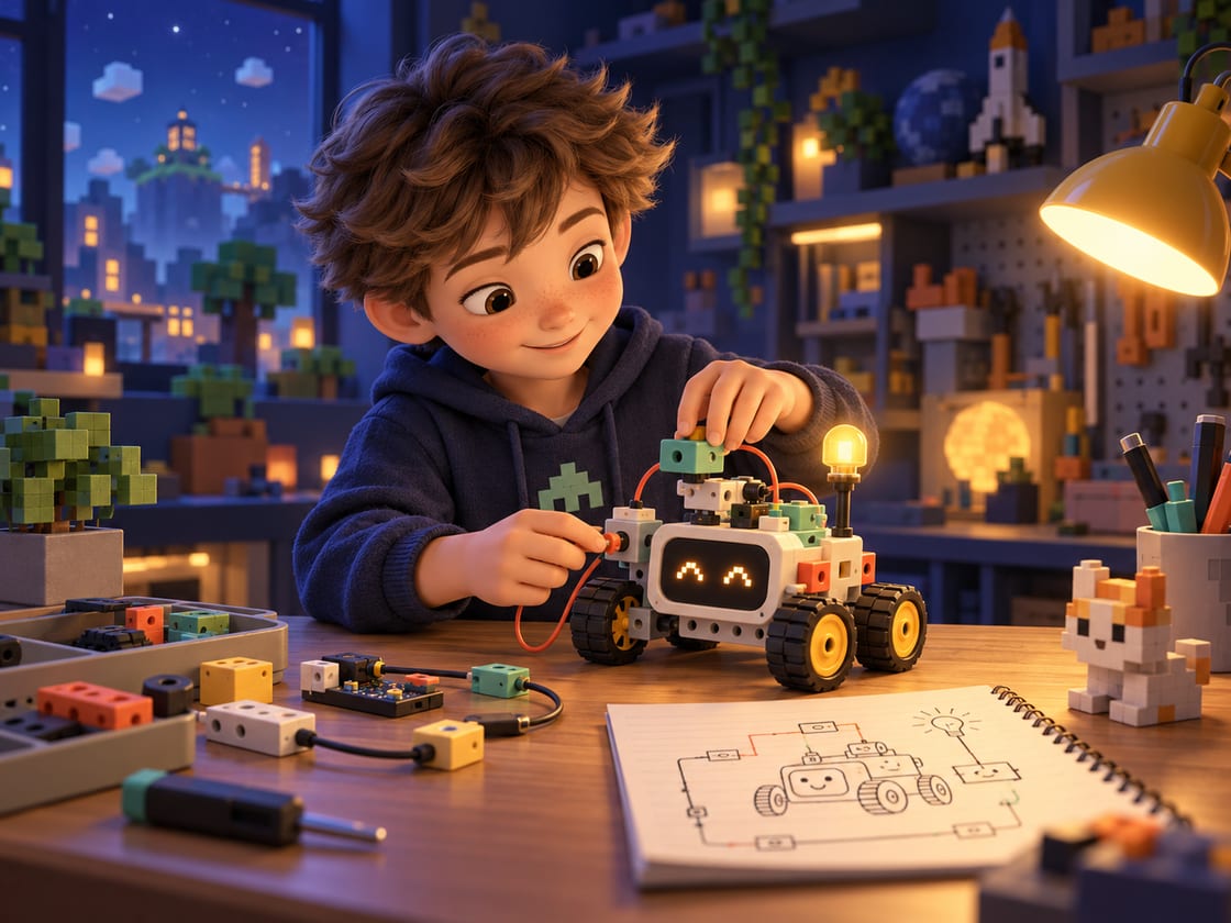 Illustration: a child assembles a robot at a workbench beside a circuit diagram and a glowing lamp.