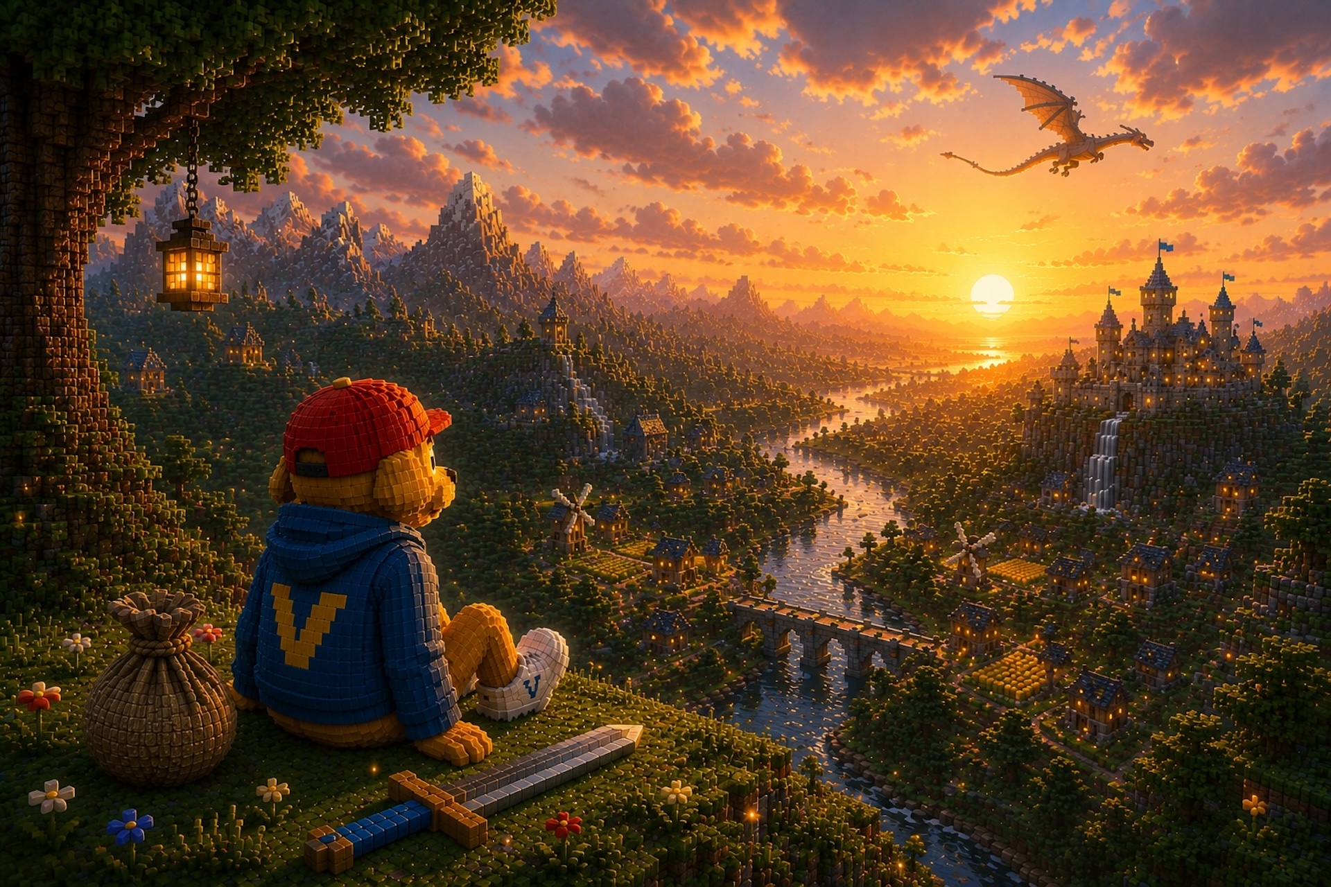 Vibo смотрит на созданный им мир Voxel World на закате
