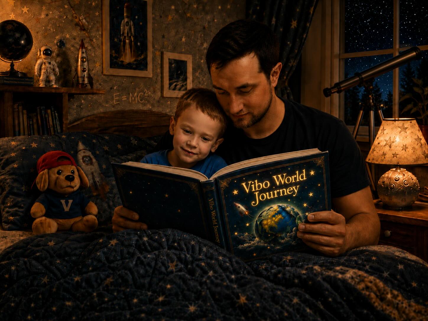 A father reads the blue book Vibo World Journey to his young son at bedtime