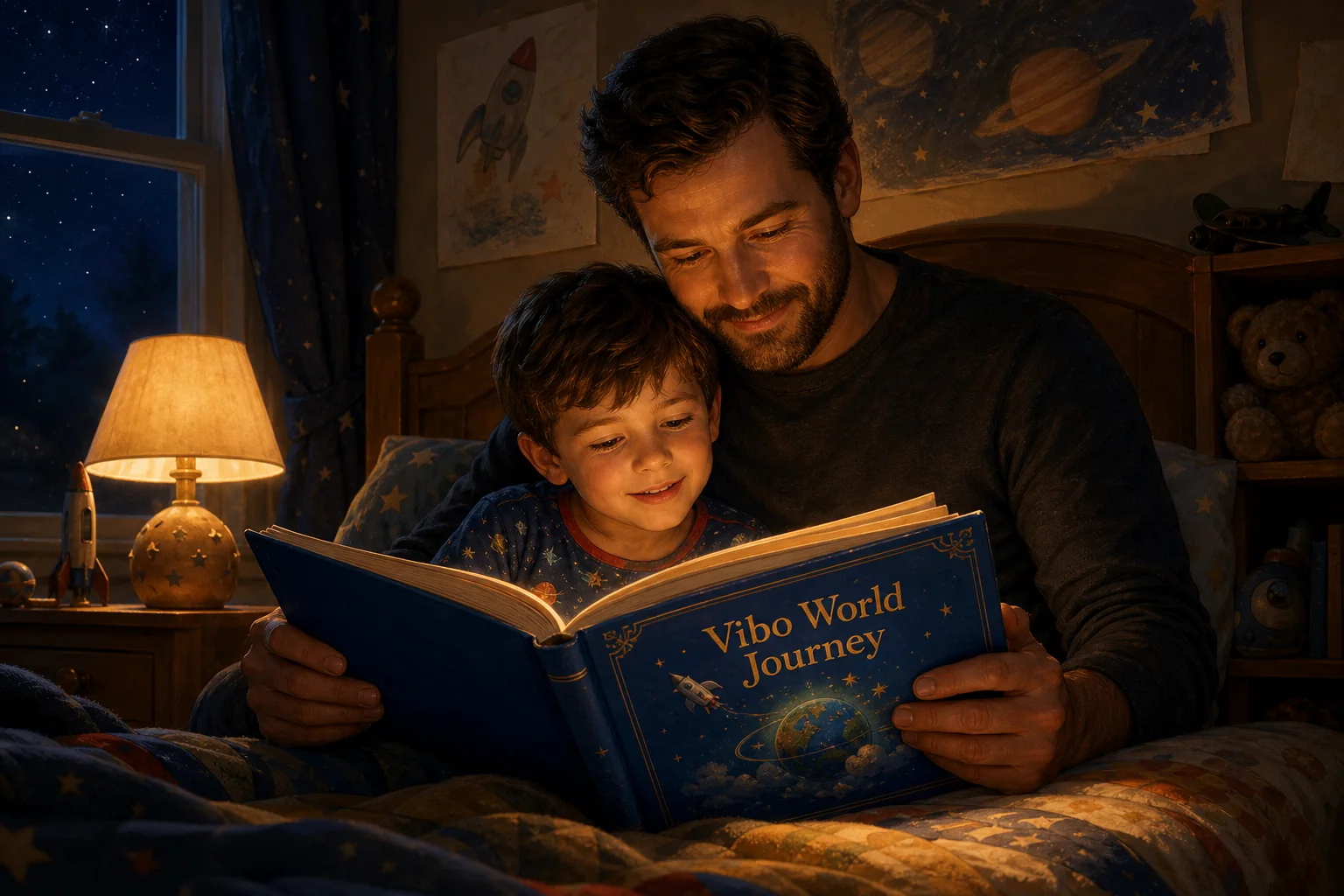 A father reads the blue book Vibo World Journey to his young son at bedtime